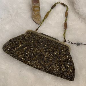 M & W Gold Vintage sequins dressy snap closure ladies bag with beaded handle NWT